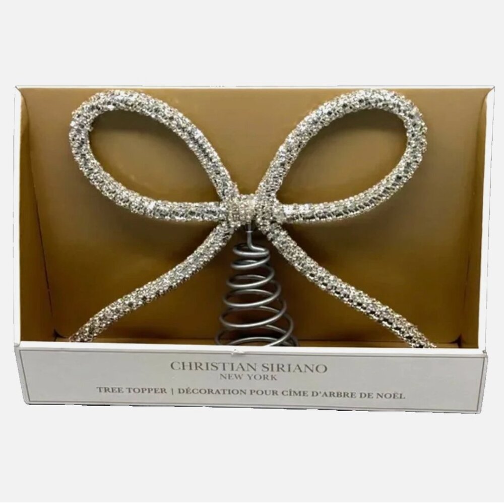 Christian Siriano 12" Silver Rhinestone Bow Ribbon Christmas Tree Topper Glam